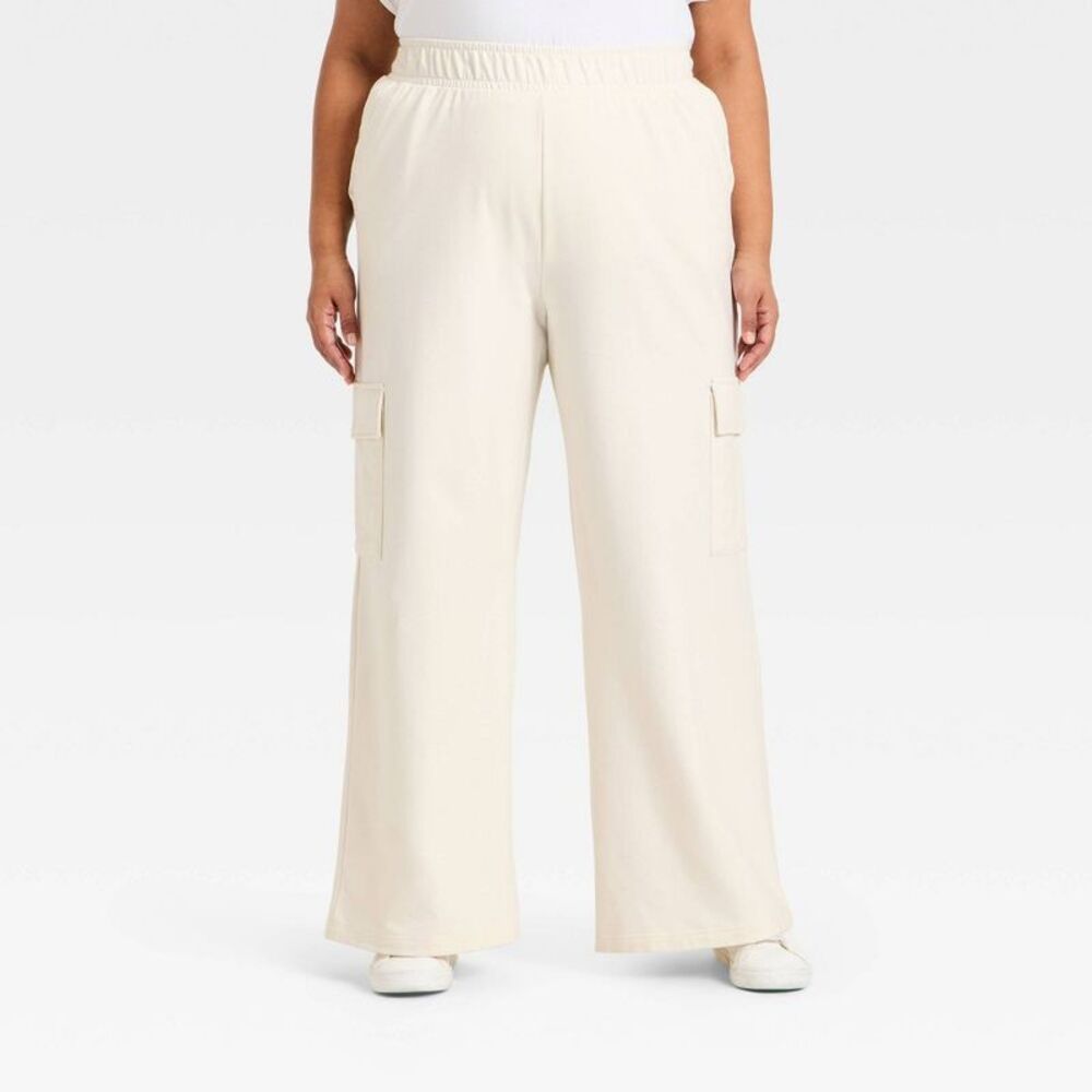 Women's High-Rise French Terry Wide Leg Cargo Pants - Ava & Viv Cream 2X